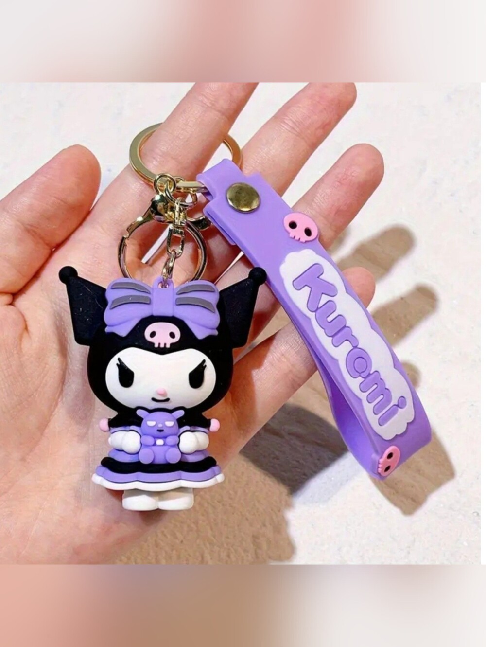 Kuromi 3D Keychain With Purple Wristlet Strap NEW
